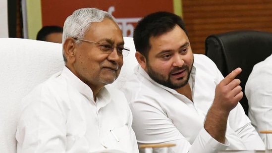 Bihar chief minister Nitish Kumar with deputy chief minister Tejashwi Yadav in Patna, Bihar, India, on Tuesday, Sep 20, 2022. (Photo by Santosh Kumar /Hindustan Times)