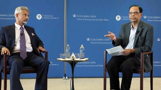 External affairs minister S Jaishankar with Columbia University Professor Arvind Panagariya during an interactive discussion at the School of International and Public Affairs at Columbia University, in New York on Wednesday. (ANI) External affairs minister S Jaishankar with Columbia University Professor Arvind Panagariya during an interactive discussion at the School of International and Public Affairs at Columbia University, in New York on Wednesday. (ANI)
