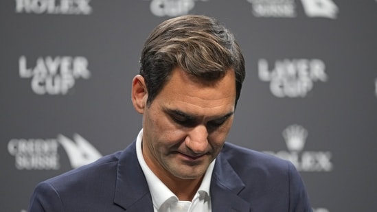 Switzerland's Roger Federer looks down during a media conference ahead of the Laver Cup tennis tournament at the O2 in London(AP)