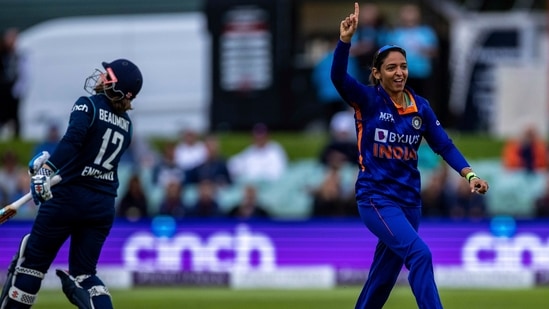 India's Harmanpreet Kaur celebrates running out England's Tammy Beaumont (AP) India's Harmanpreet Kaur celebrates running out England's Tammy Beaumont (AP)