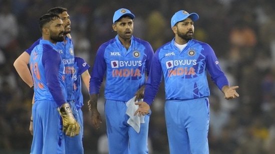 India's captain Rohit Sharma gestures as he stands with teammates before asking for a review (AP) India's captain Rohit Sharma gestures as he stands with teammates before asking for a review (AP)