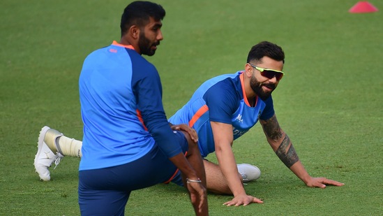 Indian cricketers Jasprit Bumrah and Virat Kohli during a practice session(PTI) Indian cricketers Jasprit Bumrah and Virat Kohli during a practice session(PTI)