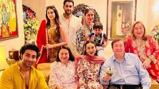 Karisma Kapoor earlier shared a glimpse of her Ganesh Chaturthi celebrations which featured Kareena Kapoor, Randhir Kapoor, Babita, Aadar and Armaan Jain, Reema Jain, and Anissa Malhotra.(Instagram/@therealkarismakapoor)