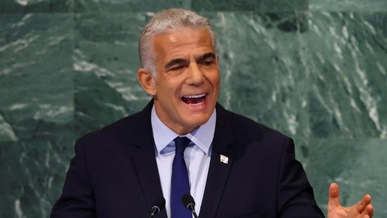 Prime Minister of Israel Yair Lapid addresses the 77th Session of the United Nations General Assembly on Thursday.&nbsp;(Reuters Photo)