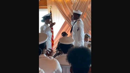 The video, taken from the Instagram video, shows a son relieving his mom from US Navy duty.(Instagram/@nonprofitcartel)