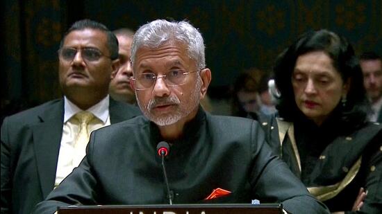 External affairs minister S Jaishankar speaking at UN Security Council briefing, in New York on Thursday. (ANI)