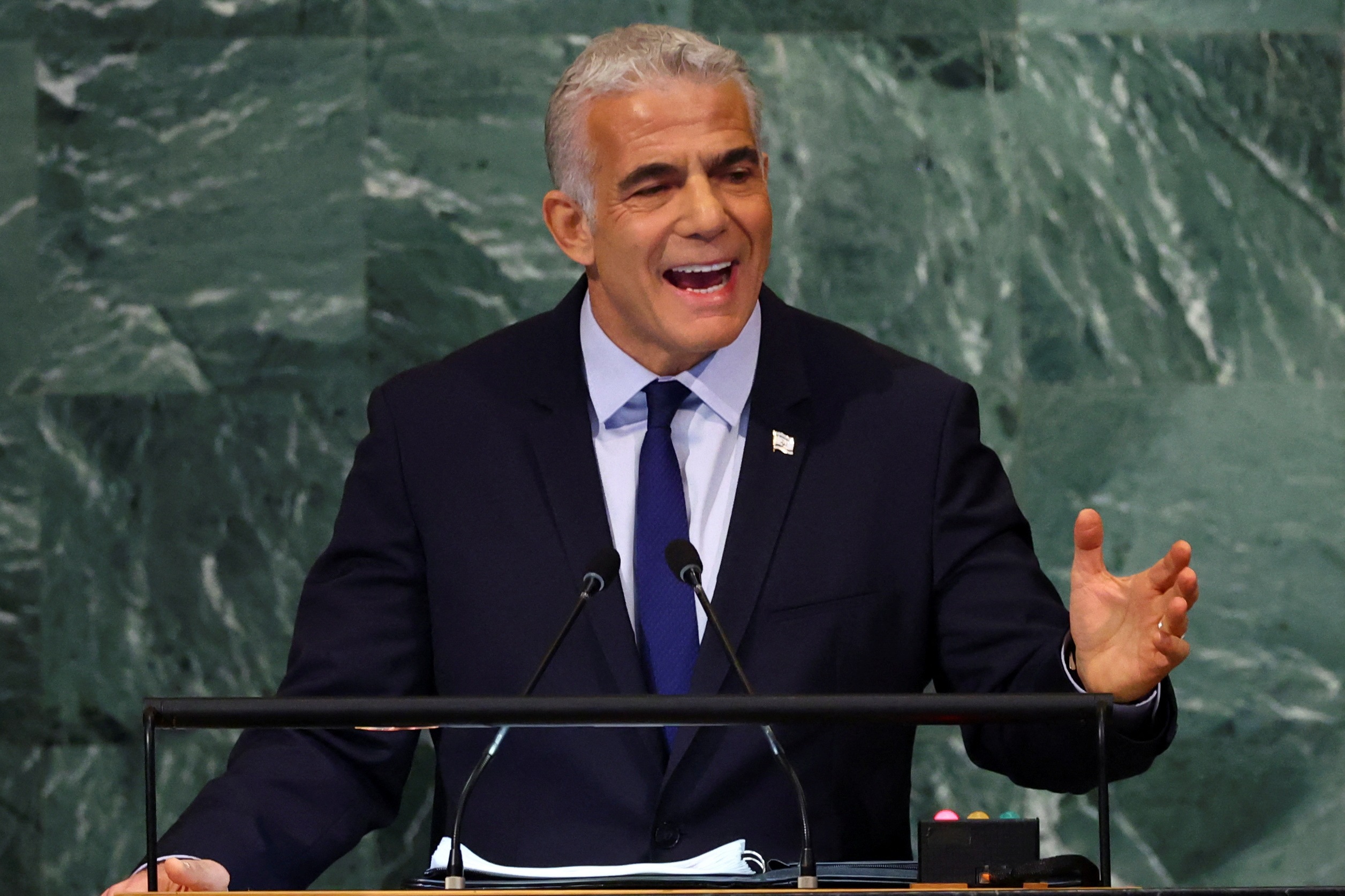 Prime Minister of Israel Yair Lapid addresses the 77th Session of the United Nations General Assembly on Thursday.&nbsp; (Reuters Photo)
