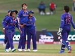 India's Jhulan Goswami celebrates the dismissal of Pakistan's Nida Dar