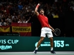 Spain's Carlos Alcaraz reacts during a tennis match&nbsp;