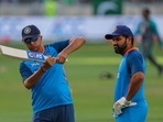India's captain Rohit Sharma (R) speaks with team coach Rahul Dravid(AFP) India's captain Rohit Sharma (R) speaks with team coach Rahul Dravid(AFP)