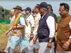 Prime Minister Narendra Modi along with state officials of Madhya Pradesh at Kuno National Park during the event of cheetah reintroduction project.(PTI) Prime Minister Narendra Modi along with state officials of Madhya Pradesh at Kuno National Park during the event of cheetah reintroduction project.(PTI)