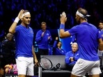 Team Europe's Roger Federer and Rafael Nadal during their doubles match against Team World's Jack Sock and Frances Tiafoe&nbsp;
