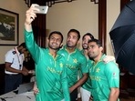 Shoaib Malik (L) takes a selfie with team mates Wahab Riaz, Anwar Ali and Umar Akmal(Getty) Shoaib Malik (L) takes a selfie with team mates Wahab Riaz, Anwar Ali and Umar Akmal(Getty)