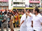 Congress leader Rahul Gandhi waves to his supporters during his party's Bharat Jodo Yatra, in Ernakulam, Kerala on Thursday. (ANI) Congress leader Rahul Gandhi waves to his supporters during his party's Bharat Jodo Yatra, in Ernakulam, Kerala on Thursday. (ANI)