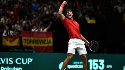 Spain's Carlos Alcaraz reacts during a tennis match&nbsp; (REUTERS)