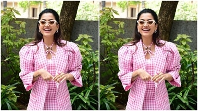 Rashmika gave a twist to regular summer wardrobe and instead decked up in a pink and white checkered ensemble. (HT Photos/Varinder Chawla) Rashmika gave a twist to regular summer wardrobe and instead decked up in a pink and white checkered ensemble. (HT Photos/Varinder Chawla)