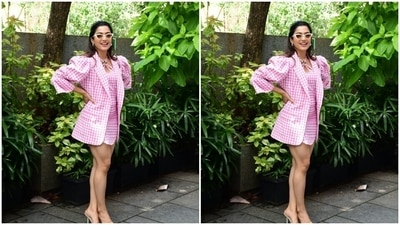 In tinted shades with vintage vibes and transparent stilettos, Rashmika perfectly accessorised her look for the day. (HT Photos/Varinder Chawla) In tinted shades with vintage vibes and transparent stilettos, Rashmika perfectly accessorised her look for the day. (HT Photos/Varinder Chawla)