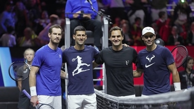 From left, Andy Murray, Novak Djokovic, Roger Federer and Rafael Nadal attend a training session ahead of the Laver Cup (AP) From left, Andy Murray, Novak Djokovic, Roger Federer and Rafael Nadal attend a training session ahead of the Laver Cup (AP)