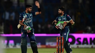Babar Azam and Mohammad Rizwan celebrate after their win in second T20I against England (AFP) Babar Azam and Mohammad Rizwan celebrate after their win in second T20I against England (AFP)