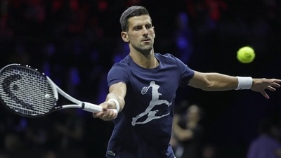 Serbia's Novak Djokovic attends a training session ahead of the Laver Cup tennis tournament at the O2 in London, (AP) Serbia's Novak Djokovic attends a training session ahead of the Laver Cup tennis tournament at the O2 in London, (AP)