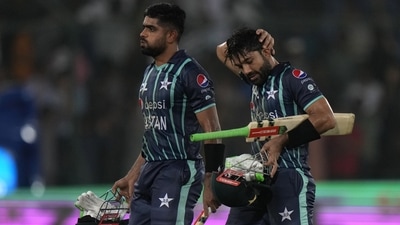 Babar Azam and Mohammad Rizwan leave the field after their win in the second T20 match against England (AP) Babar Azam and Mohammad Rizwan leave the field after their win in the second T20 match against England (AP)