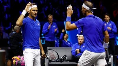 Team Europe's Roger Federer and Rafael Nadal during their doubles match against Team World's Jack Sock and Frances Tiafoe&nbsp; (Action Images via Reuters)