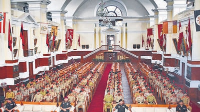The iconic hall inside the Chetwode building at the Indian Military Academy in Dehradun. (File Photo) The iconic hall inside the Chetwode building at the Indian Military Academy in Dehradun. (File Photo)