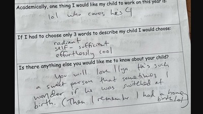 The image shows some of the replies given by the mom on her preschooler's form. (Twitter/@EmilyGould)