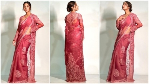 Hina Khan dons a beauteous sheer organza saree and cape jacket. (Instagram) Hina Khan dons a beauteous sheer organza saree and cape jacket. (Instagram)