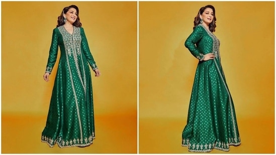 Madhuri Dixit's iconic green lehenga from the movie Hum Aapke Hain Kaun is still one of the most talked-about outfits of the 90s. The actor earlier made fans hearts 'Dhak Dhak' with her photos in an emerald green anarkali set by designer Anita Dongre.(Instagram/@anitadongre)