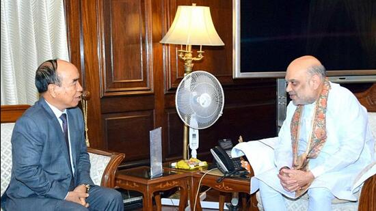 Mizoram chief minister Zoramthanga with Union home minister Amit Shah in New Delhi on Thursday. (ANI) Mizoram chief minister Zoramthanga with Union home minister Amit Shah in New Delhi on Thursday. (ANI)