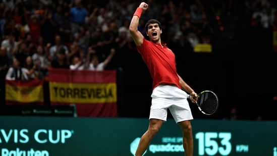 Spain's Carlos Alcaraz reacts during a tennis match&nbsp;(REUTERS)