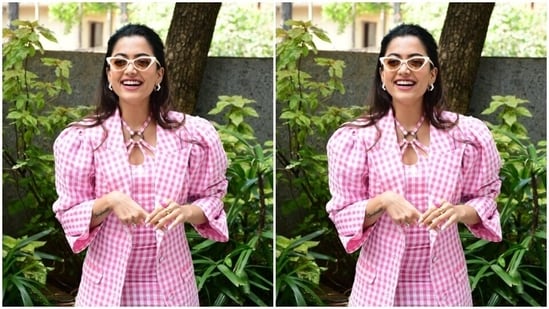 Rashmika gave a twist to regular summer wardrobe and instead decked up in a pink and white checkered ensemble.(HT Photos/Varinder Chawla)
