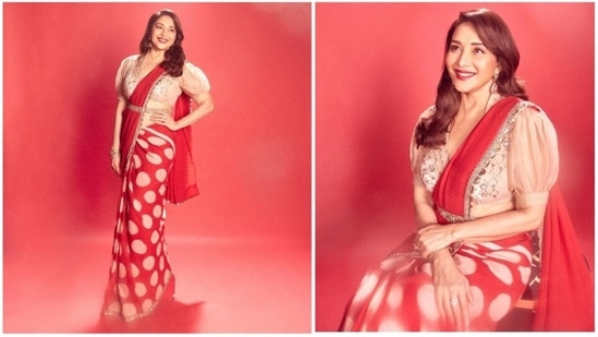 For another episode of the show Jhalak Dikhla Jaan Madhuri Dixit went all retro and opted for this red polka dotted saree.(Instagram/@madhuridixitnene)