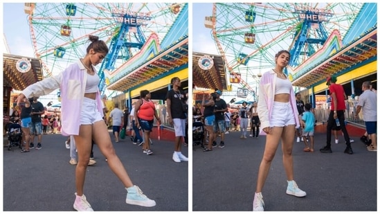 Pooja Hegde has garnered a huge number of fan followers from all over the country with not just her acting skills but also her personality. She earlier took her fans on a NY journey through her lens. In her latest Instagram stills, the actor was seen exploring a NY fair in a white crop top, denim shorts and a pink shirt.(Instagram/@hegdepooja)