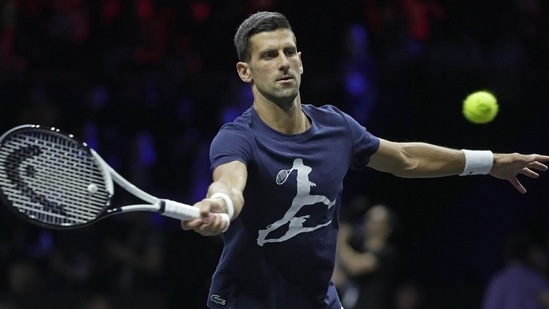 Serbia's Novak Djokovic attends a training session ahead of the Laver Cup tennis tournament at the O2 in London,&nbsp;(AP)