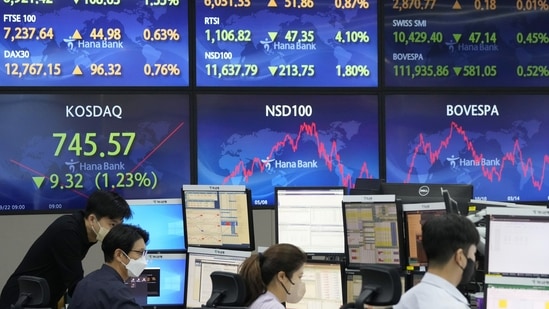 Asian stock markets followed Wall Street lower on Thursday after the Federal Reserve delivered another big interest rate hike to cool galloping inflation and raised its outlook for more. (AP Photo/Ahn Young-joon)