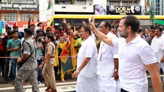 Congress leader Rahul Gandhi waves to his supporters during his party's Bharat Jodo Yatra, in Ernakulam, Kerala on Thursday. (ANI) Congress leader Rahul Gandhi waves to his supporters during his party's Bharat Jodo Yatra, in Ernakulam, Kerala on Thursday. (ANI)