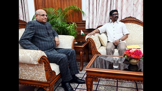 Jharkhand chief minister Hemant Soren with governor Ramesh Bais . (ANI) Jharkhand chief minister Hemant Soren with governor Ramesh Bais . (ANI)