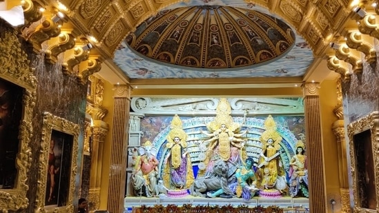Durga Puja, an auspicious Hindu festival, symbolises the victory of good over evil, commemorating goddess Durga's victory over Mahishasur. Themed-pandals in the north Indian belt have become an inseparable part of celebrating the festival.(ANI)