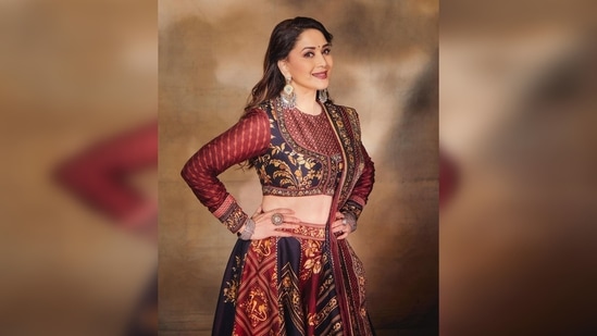 This lehenga set is from the latest 'Gulposh' collection of the label Torani and is called the 'Gulnar Khurshid Ghagra Choli Set.' As per the official website of the clothing line, the ensemble is worth <span class='webrupee'>₹</span>69,500.(Instagram/@madhuridixitnene)