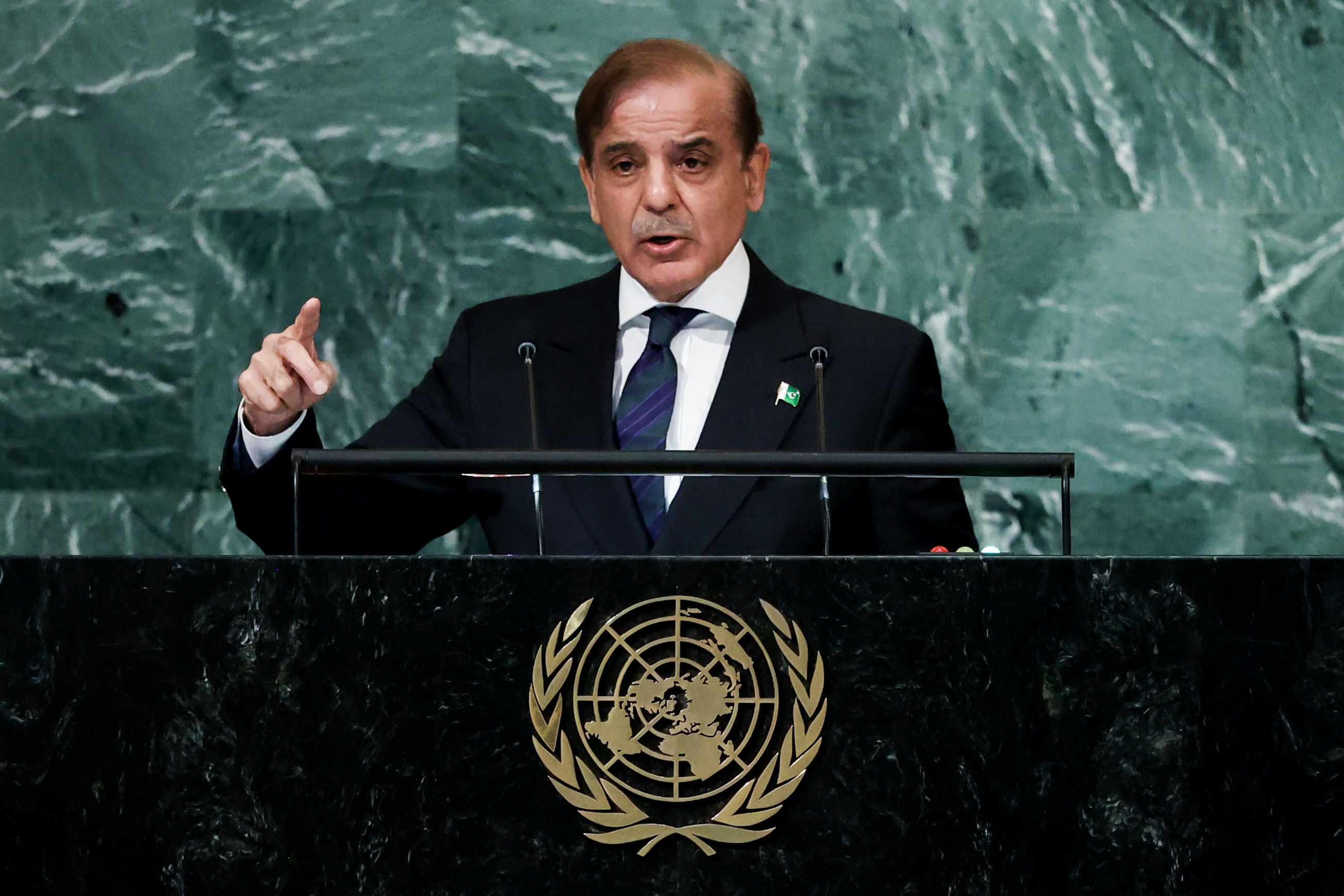 Prime Minister of Pakistan Shehbaz Sharif addresses the 77th session of the United Nations General Assembly, on Friday. (AP) Prime Minister of Pakistan Shehbaz Sharif addresses the 77th session of the United Nations General Assembly, on Friday. (AP)