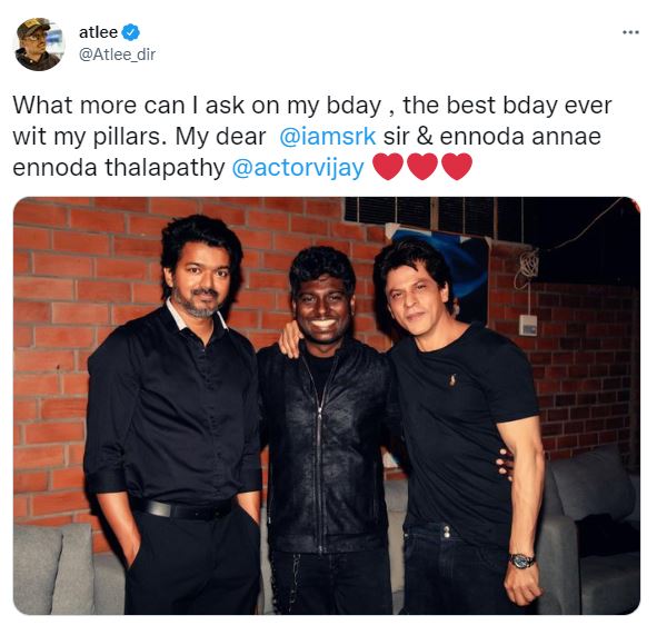 Atlee posted a picture in which he posed with Shah Rukh and Vijay.