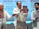 Kerala governor Arif Mohammed Khan, former Vice President M. Venkaiah Naidu, and Union minister Anurag Thakur at launch the book 'Sabka Saath, Sabka Vikas, Sabka Vishwas' in New Delhi. (Amlan Paliwal) Kerala governor Arif Mohammed Khan, former Vice President M. Venkaiah Naidu, and Union minister Anurag Thakur at launch the book 'Sabka Saath, Sabka Vikas, Sabka Vishwas' in New Delhi. (Amlan Paliwal)