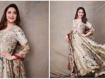 Madhuri Dixit has kickstarted the promotions of her upcoming film Maja Ma. Recently, she stepped out for an event wearing a gorgeous beige floral anarkali suit worth more than a lakh.(Instagram/@madhuridixtnene)