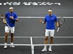Team Europe's Rafael Nadal and Roger Federer during their doubles match against Team World's Jack Sock and Frances Tiafoe&nbsp;