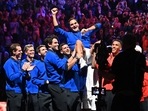 Roger Federer is given the bumps by teammates after playing his final match at Laver Cup(AFP) Roger Federer is given the bumps by teammates after playing his final match at Laver Cup(AFP)