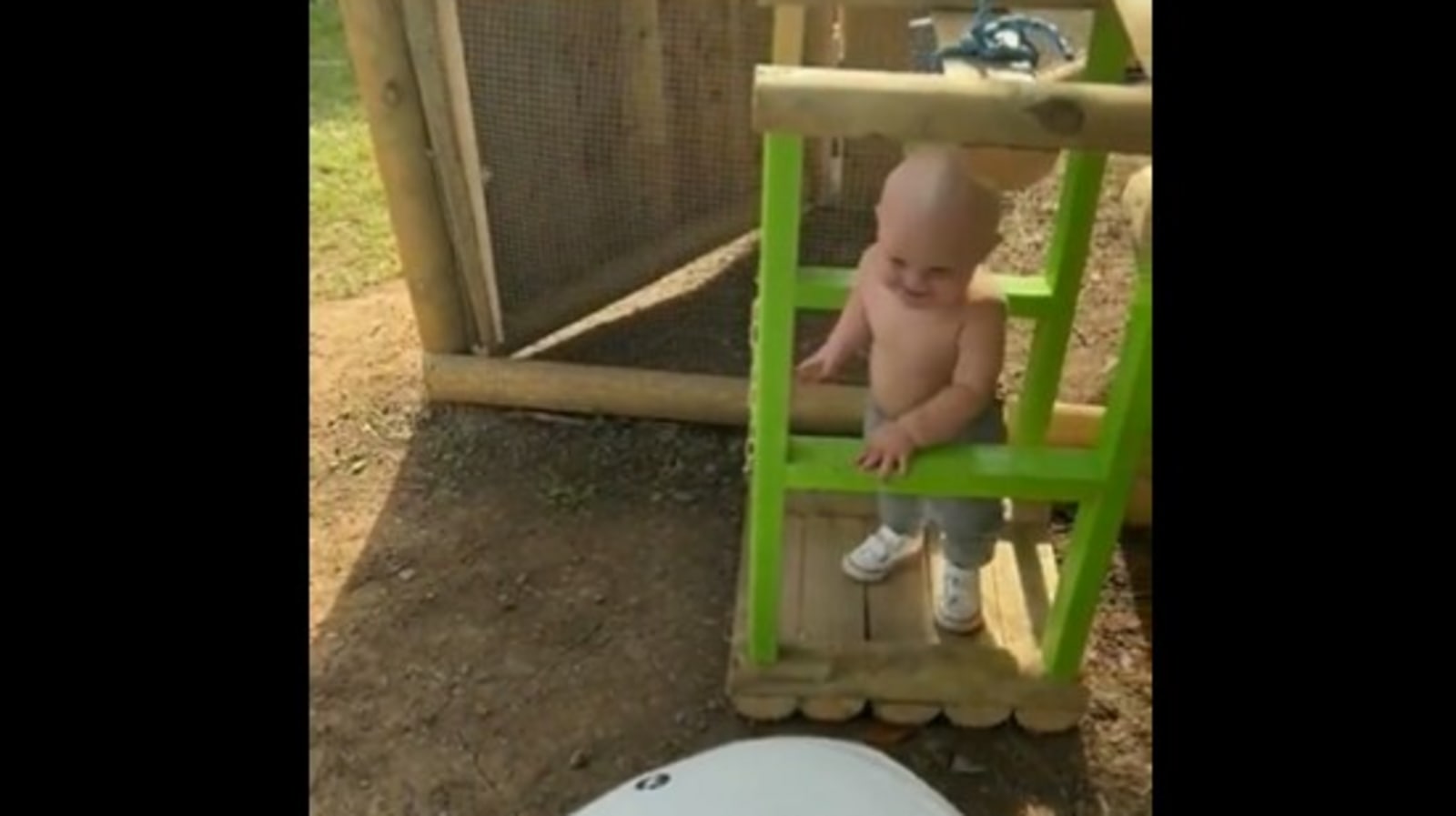 Dad builds a playhouse with an elevator for kid. Watch how the little one reacts