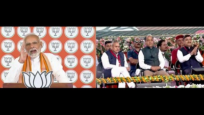 Prime Minister Narendra Modi addressing Yuva Vijay Sankalp Rally organised by Bharatiya Janata Yuva Morcha (BJYM), in Mandi, Himachal Pradesh, through video conferencing from in New Delhi on Saturday. Himachal Pradesh CM Jairam Thakur and others also seen. (ANI) Prime Minister Narendra Modi addressing Yuva Vijay Sankalp Rally organised by Bharatiya Janata Yuva Morcha (BJYM), in Mandi, Himachal Pradesh, through video conferencing from in New Delhi on Saturday. Himachal Pradesh CM Jairam Thakur and others also seen. (ANI)