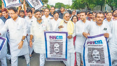 Congress leaders hold a protest in Bengaluru against the Basavaraj Bommai government over alleged corruption. (PTI) Congress leaders hold a protest in Bengaluru against the Basavaraj Bommai government over alleged corruption. (PTI)